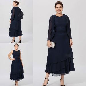 Cheap Navy Blue Mother Of The Bride Dresses With Jacket Tea Length A Line Mothers Formal Wear Plus Size Wedding Guest Dress