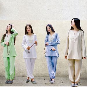 Mulheres de alta qualidade meditação roupas esportivas de algodão cânhamo yoga ternos das mulheres tamanho grande especial roupas de fitness outono taichi kungfu uniforme