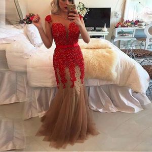 Red Mermaid Evening Dresses Jewel Neck with Pearl Prom Gowns Bow Sash Tiered Tulle Bottom Party Evening Gowns