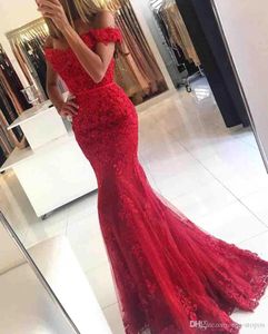 Long New Designer Red Mermaid Prom Dresses Off Shoulder Beads Sequined Lace Applique Sweep Train Formal Evening Dress Party Gowns Wear