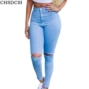 Chsdcsi mulheres jeans marca vintage cintura médio jeans jean magro sólido rasgado lápis hole calça feminina sexy menina calças s18101604