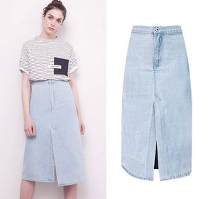 Classic Fit Women Skirt High Waist Slim Front And Back Split A-Line Style Denim Cotton Skirt