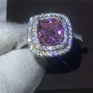 Dazzling Women Engagement wedding band ring for women cushion cut 8mm Pink 5A zircon crystal 925 Sterling silver Bijoux