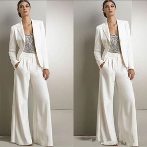 Biała Mother of the Bride Groom Pant na srebrną cekinową sukienkę dla gości weselnych Plus Size Suit z kurtkami Lady Formal2229