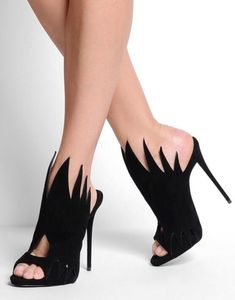 2018 Moda Siyah Burnu açık Süet Sandalet Damızlık Perçinler Ince Yüksek Topuklu Yaz Ayakkabı Kadın slayt sandalet Seksi Alevler Kadın Pompaları