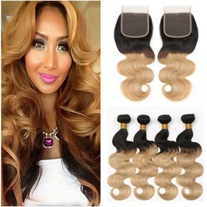 Black and Honey Blonde Ombre Human Hair 4Bundles with Closure Body Wave 1B/27 Light Brown Ombre 4x4 Front Lace Closure with Weaves