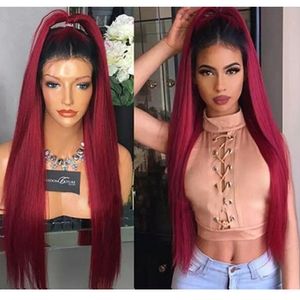 Sexy Ombre Burgund seidig gerade lange Perücken mit Babyhaar hitzebeständige leimlose synthetische Lace-Front-Perücken für schwarze Frauen FZP23