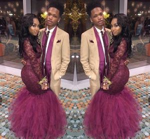 Burgundy Mermaid Black Girls Evening Dresses Long Sleeves Illuiosn Formal Prom Gowns Red Carpet Celebrity Runaway Dress Custom Made HY211