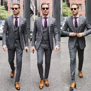 Slim Fit Grey Groom Tuxedos Excellent Men Wedding Tuxedos High Quality Men Formal Business Prom Party Suit(Jacket+Pants+Tie+Vest) 1743