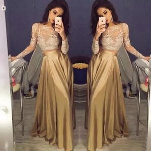 Vacker Snörning Långärmad Guld Två Piece Prom Klänningar 2017 Satin Billiga Prom-kappor Sheer Golden Party Dress