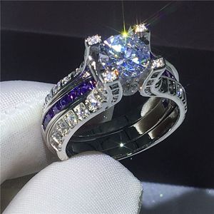 choucong Female 3ct Purple Diamond ring White gold filled Engagement Wedding Band Rings set For Women Men Dropshipping