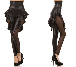 Gothic Women Faux Leather Leggings High Waisted Stretch Slim Leggings Sexy Mesh Patchwork See Through Skirt Leggings Pants
