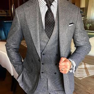 2018 grauer Herrenanzug für Hochzeit, Tweed-Blazer, individuelle klassische Jacke, zweireihige Weste, Slim-Fit-Smoking, elegant, formell, 2-teilig