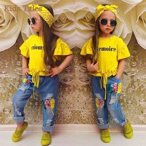 Sommer Herbst Cool Style Kinder Mädchen Kleidung Set T-Shirt mit Buchstabendruck, Jeanshose, Stirnband 3 Stück/1 Satz Baby Mädchen Outfits zum Selbstkostenpreis