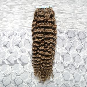 8A 100% Cabelo Real Dupla face fita extensões de cabelo Humano 100g 40 pcs Kinky Encaracolado Adesiva PU Pele Trama Fita Extensões de Cabelo