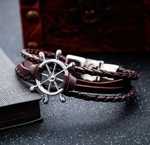 Braccialetti con ancoraggio per barca da uomo con fascino, braccialetto in tessuto multistrato neutro in pelle, catena creativa a mano, bei regali di compleanno, nave libera