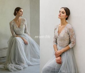 Dusty Blue Bohomian Beach Dresses A Line Long Sleeves Lace Applique V Neck Sweep Train Bridal Wedding Gown pplique