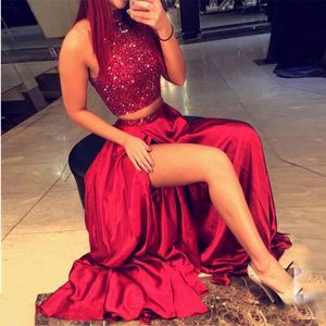 Shinning Two Pieces Prom Dresses High Neck Crystal Beading Dark Red Hollow Back Split Evening Evening Gowns Long Condal Cocktail Dreess Hy194