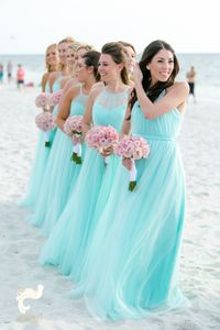 Modische helltürkisfarbene Brautjungfernkleider in Übergröße, Strand-Tüll, günstiges Hochzeitsgast-Partykleid, lange plissierte Abendkleider227e