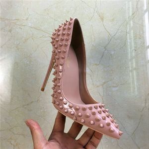 Yeni desen Çıplak renk perçinler yüksek topuklu patent PU deri özel marka iğne keskin perçin yüksek topuklu kadın single shoes8cm 10 cm 12 cm