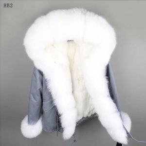 Lavish White fox fur trim Placket Maomaokong brand white rabbit fur lining grey women mini parka