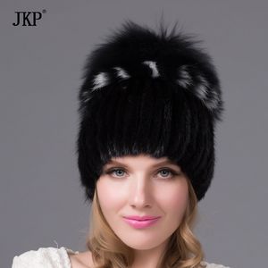 Chapéu feminino de malha com pele de vison, boné de pele feminino com forro de pompom de pele de raposa, chapéu feminino de inverno para gorros DHY-25 D18110102