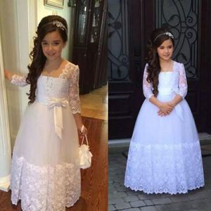 Damas de honra júnior vestidos uma linha ilusão lace mangas cristais de chão comprimento flor menina vestido com encantador arco feito sob encomenda