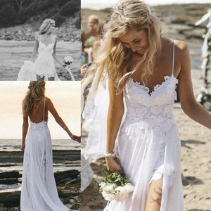 Summer Beach 2022 Abiti da sposa Sexy Backless White Spaghetti Guaina Spacco alto Applique in pizzo Abiti da sposa in chiffon Abito aperto indietro