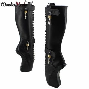 Kłódki Wonderheel Buty Baletowe Ultra High Heel 18 CM Kliny Balet Knee High Boots Sexy Fetysz Matt PU Balet Pokaż Sznurowanie Buty