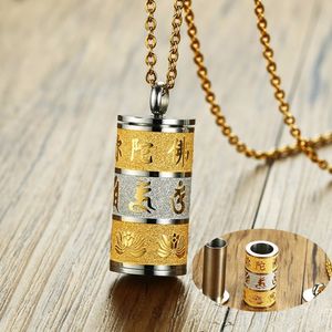 Tibetan Prayer Wheel Turner Buddhist Pendant Necklace for Men Stainless Steel Shurangama Mantra Gold Wish Male Jewelry 20 inch