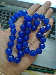 Handmade women12mm faced blue jade bead necklace 45cm earrings set fashion jewelry