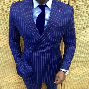 Slim Fit Double Breasted Blue Stripe Groom Tuxedos Vackra män Formella Passar Män Prom Dinner Business Suit Custom Made (Jacket + Pants + Tie)