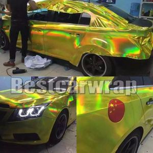 Fluorescen giallo lime olografico Chrome Vinyl Car Wrap con bolle d'aria Free high stretch 1.52x20m Roll