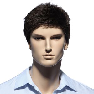 ストレートショートメンズウィッグ耐熱日本繊維ダークブラウン天然髪男性合成ウィッグブラックカラーメンズトゥピー