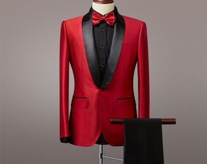 New Style Red Shawl Risvolto One Button Groom Tuxedos Black Men Suits Matrimonio / Prom / Dinner Man Blazer (Giacca + Pantaloni + Tie)