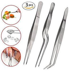 Gdgy Tongs Theezers, 3pcs 핀셋 세트 6.3 인치 스테인레스 스틸 정밀 집 요리, 오프셋 팁 (실버)이있는 Tweezer