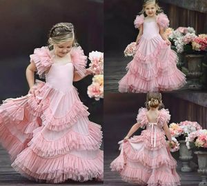 Blush Pink Flower Girl Abiti per matrimoni Ruffle Cute Little Girls Pageant Dress Spaghetti Strap Tulle Abiti da prima comunione