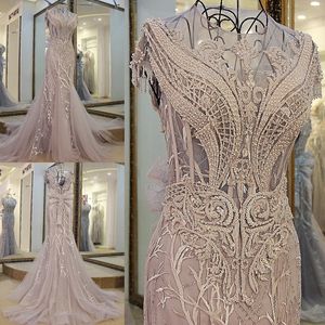 2023 Grey Mermaid Evening Dresses Applique Beaded Sheer Neck Tulle Cap Sleeve Sweep Train Backless Formal Prom Wear Gowns Real Photos