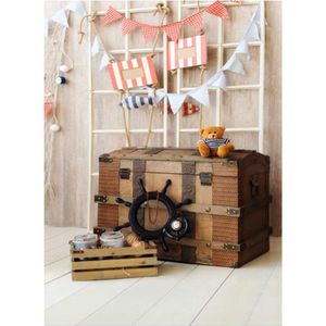 Indoor Pirate Theme Party Backdrop Wood Floor Printed Rudder Vintage Treasure Box Baby Boy Kids Captain Photo Studio Backgrounds