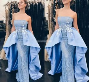 Light Sky Blue Mermaid Evening Dresses With Over Train Strapless Backless Sweep Train Lace Appliques Celebrity Wear Special Occasion Dress