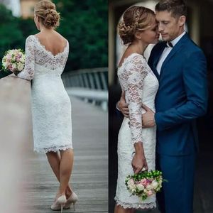 Estate 2019 Abiti da sposa corti in pizzo Lunghezza al ginocchio Semplice gioiello Collo maniche lunghe Bianco Avorio Mini guaina Abiti da sposa Abiti da sposa