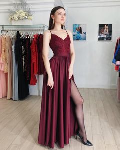 Borgonha bebê uma linha vestidos de baile longo renda applique espaguete sem costas alta divisão lateral vestidos formais vestidos de noite de fiesta