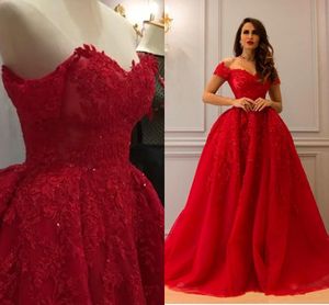 Arabic Dubai Red Long Evening Dresses Off Shoulder Short Sleeves Lace Applique Floor Length Formal Prom Dresses dresses evening wear Gowns