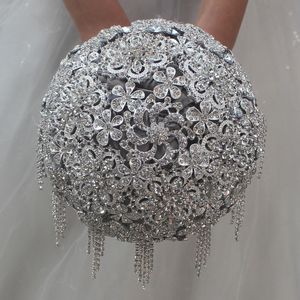 Grå kristallbröllop rhinestone brosch brud brudbukett satin blomma 18cm 2018 nya ankomst bröllopstillbehör