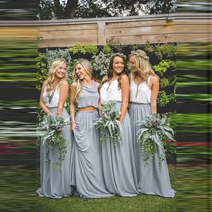 Simple Two Pieces Bridesmaid Dresses White Top And Gray Bottom Party Dresses Chiffon Cheap Custom Made Bridesmaid Gowns