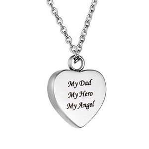 Engraved MY DADDY, MY HERO, MY ANGEL Memorial Urn Pendant Necklace Heart Ashes Keepsake Cremation Jewelry