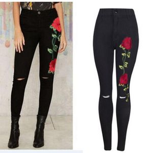 Black Floral Jeans Women Fashion Rose Embroidery Design High Waist Slim Skinny Jean Knee Holes Design Trousers