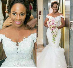 Plus African Nigerian Size Mermaid Dresses Off Shoulder Ruffles Beaded Pearls Applique Backless Court Train Wedding Bridal Gowns