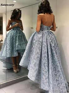 Модная высокая/низкая кружевная короткая элегантная голубая голубая от плечевого платья короткое платье подружки невесты для свадьбы 2023