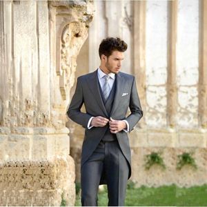 Smoking grigio scuro frac uomo smoking da sposa stile mattutino smoking da sposo picco risvolto un bottone da uomo cena abiti da ballo (giacca + pantaloni + cravatta + gilet) 1752